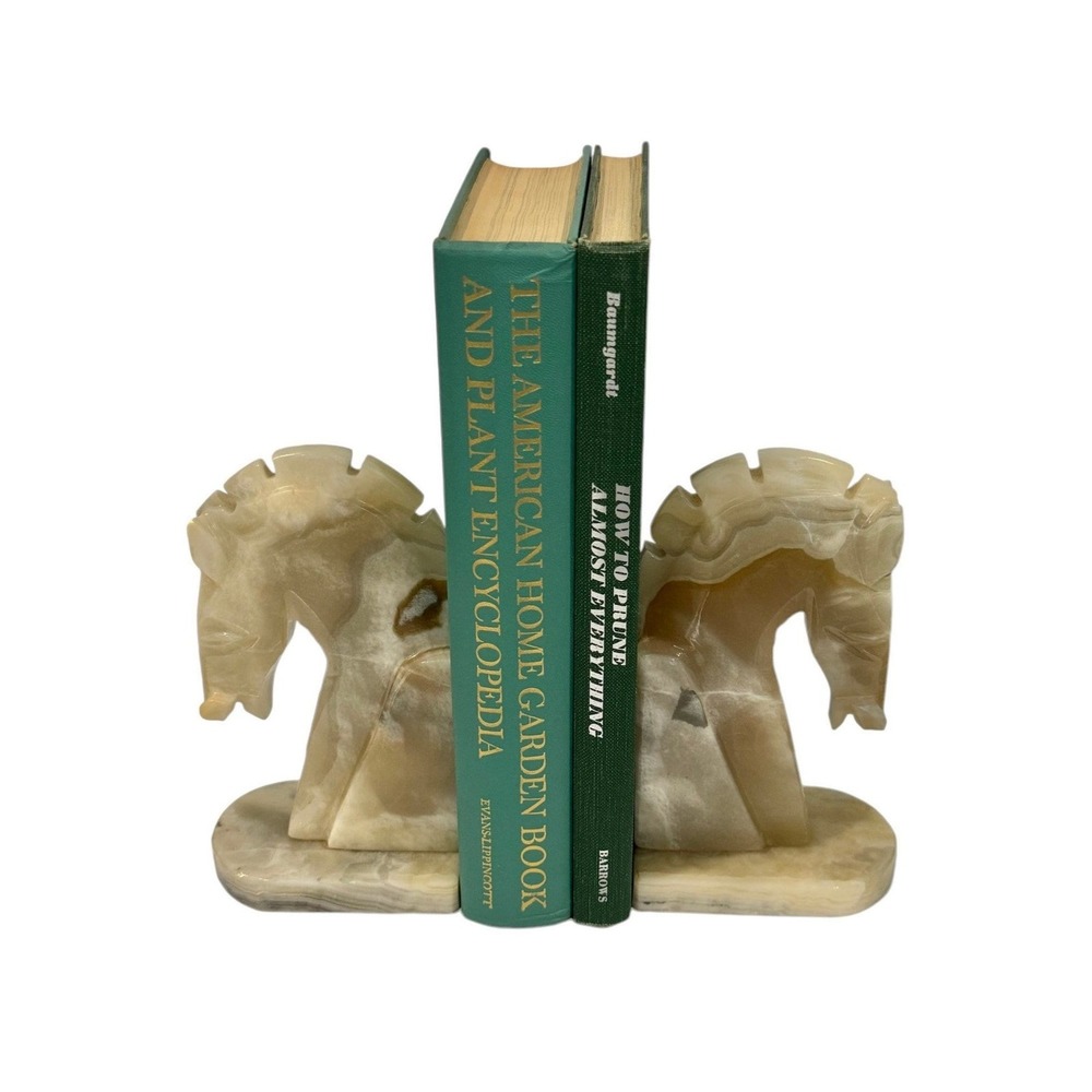Italian Alabaster Stone Horse Head Bookends Trojan Mid Century Modern Champagne